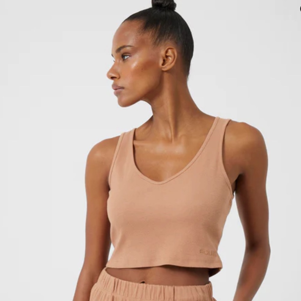 FCUK French Connection Ribbed Crop Tank Top Size S Tawny Birch V Neck NWT